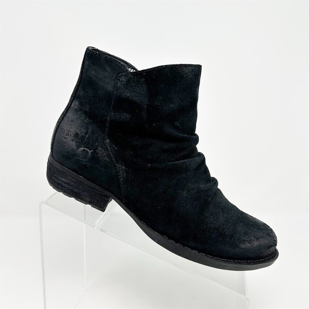 Born Womens Black Ankle Booties Side Zip Ruched Slouch Low Block Heel Size 7